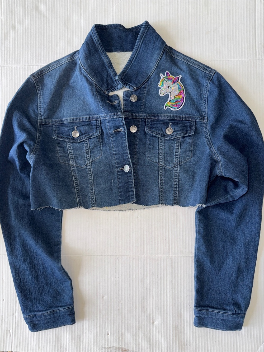 Upcycled Designer Inspired Stretch Crop Denim Jacket Sz L/XL